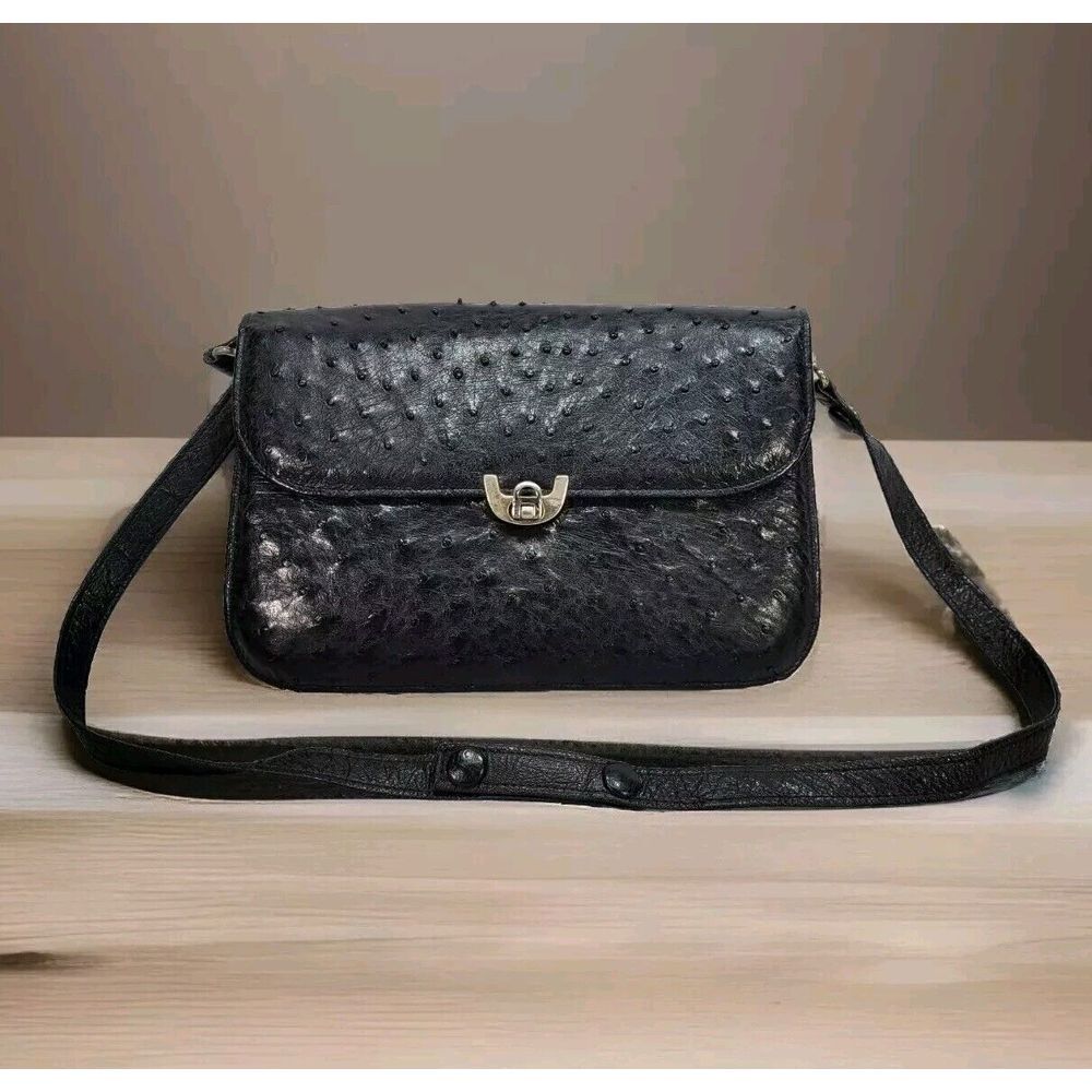 Vintage Fiorenza‎ Genuine Ostrich Handbag Purse Black Gold-tone Hardware
